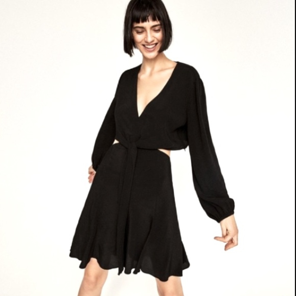 Zara black The Side Cut Out tie front mini dress